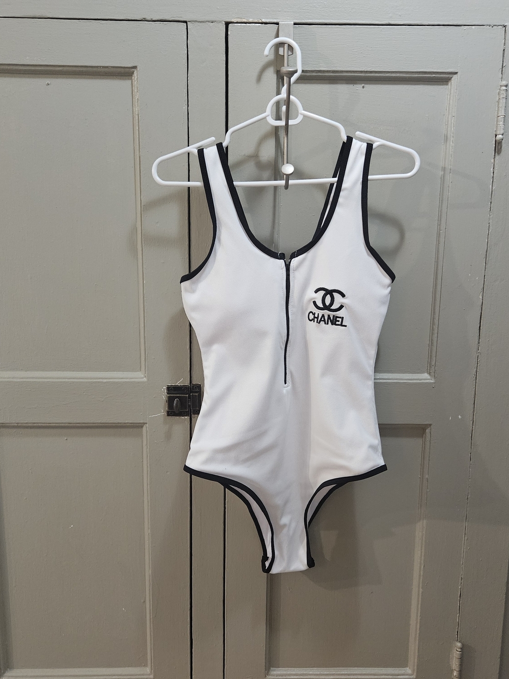 White One-Piece Swimsuit with Black Trim
